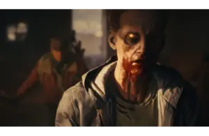 A menacing zombie in State of Decay 3 with glowing eyes and blood-stained mouth stands in dim lighting, conveying a haunting atmosphere. A blurry figure lurks in the background.