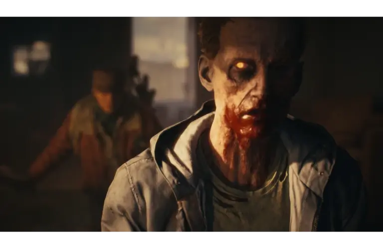 A menacing zombie in State of Decay 3 with glowing eyes and blood-stained mouth stands in dim lighting, conveying a haunting atmosphere. A blurry figure lurks in the background.