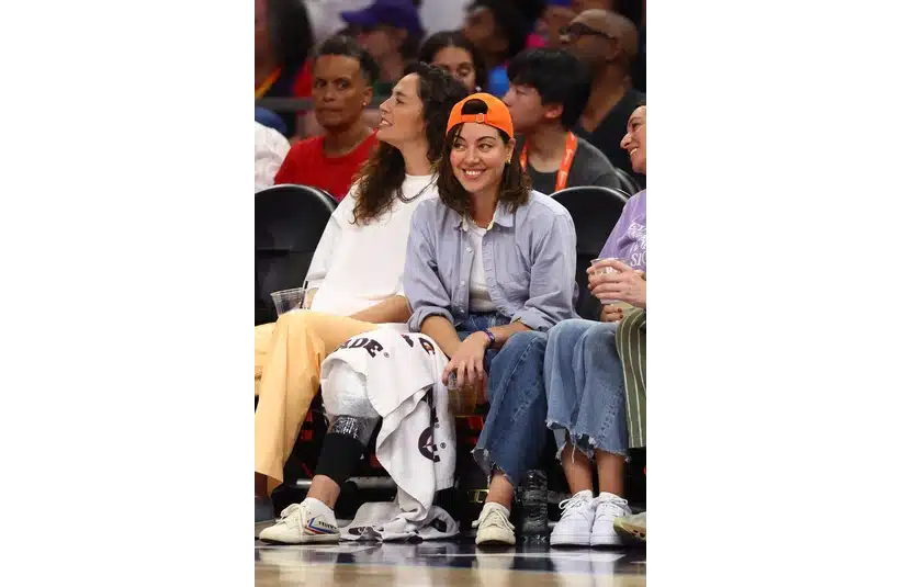 Jul 20, 2024; Phoenix, AZ, USA; Actress Aubrey Plaza (right) and Sue Bird in attendance of the WNBA All Star Game at Footprint Center. Mandatory Credit: Mark J. Rebilas-USA TODAY Sports