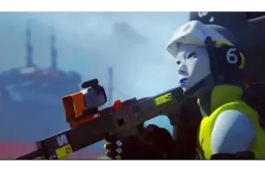 Marathon character in bright gear and helmet, holding a high-tech weapon, gazes intently. Background shows a misty, industrial landscape, creating a tense mood.