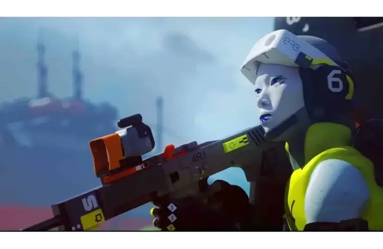 Marathon character in bright gear and helmet, holding a high-tech weapon, gazes intently. Background shows a misty, industrial landscape, creating a tense mood.