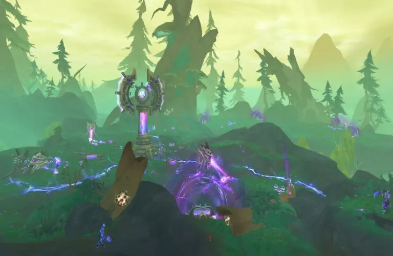 World of Warcraft fantasy landscape with glowing purple energy streams connecting ancient structures in a lush forest. Misty mountains and towering trees create a mystical atmosphere.