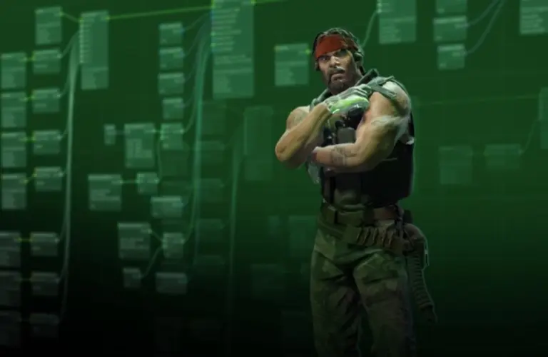 A muscular man in tactical gear stands confidently against a green background filled with complex, flowchart-like diagrams, conveying a strategic theme. Animgraph 2 Beta