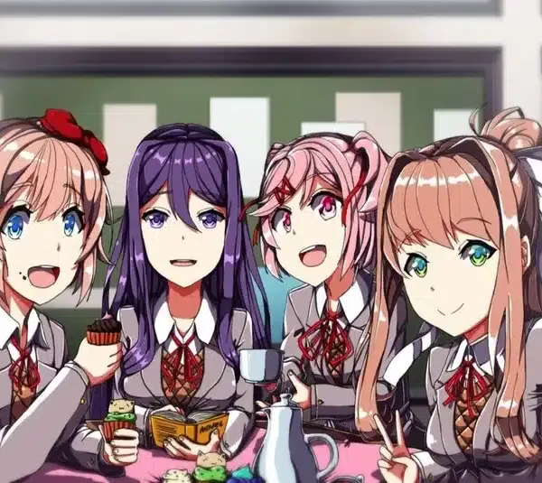 4 characters staring at screen happy from Doki Doki Literature Club.