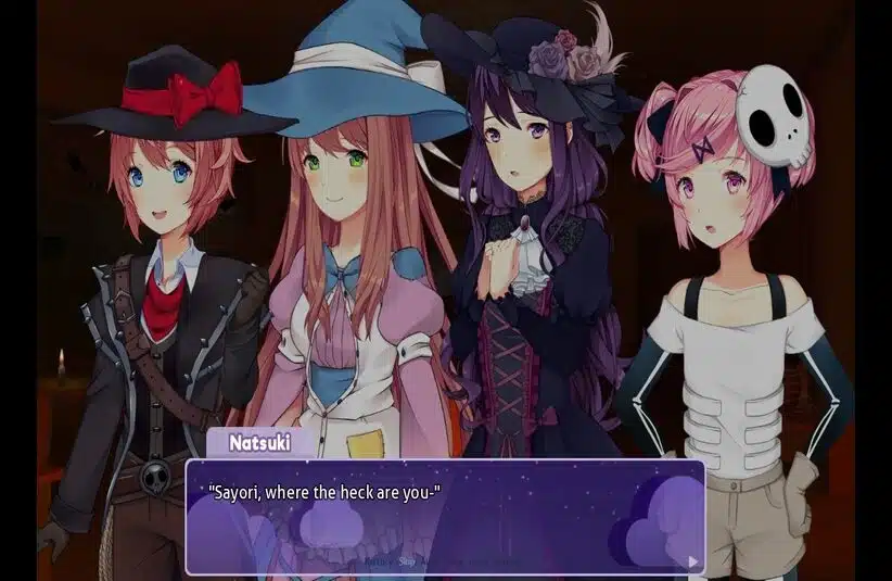 4 characters from Doki Doki Literature Club within a dialogue box onscreen.