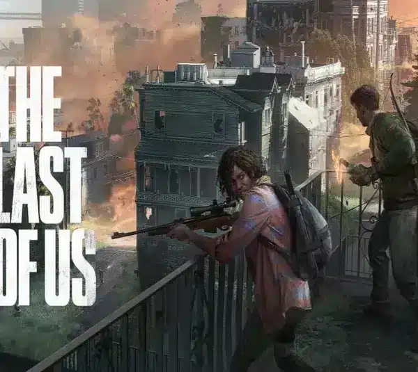 image of two survivors on a balcony with weapons overlooking a burning city for cancelled Last of Us Online