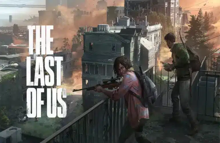 image of two survivors on a balcony with weapons overlooking a burning city for cancelled Last of Us Online