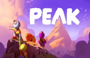 4 playable characters scaling a mountain with the peak in the background - Peak logo