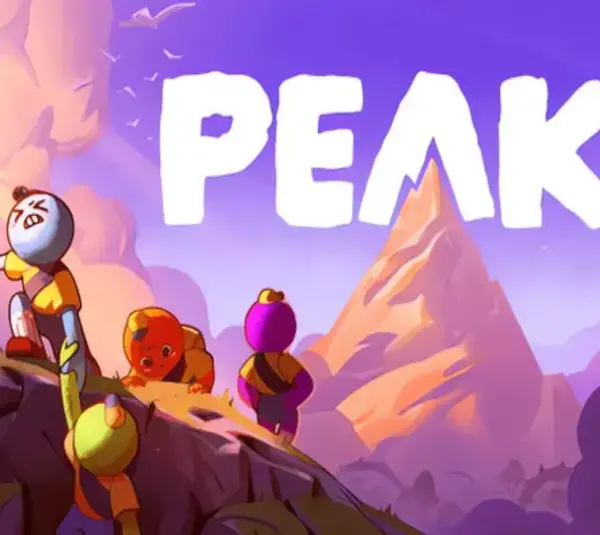 4 playable characters scaling a mountain with the peak in the background - Peak logo