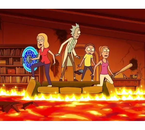 The cast of Rick and Morty is standing on a couch surrounded by lava in a fiery room. One holds a bat, another wields a glowing blue shield.