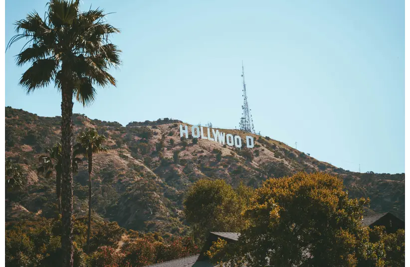 The iconic Hollywood sign on a sunlit hillside with clear blue sky. Tall palm trees and lush greenery frame the foreground, conveying a relaxed California vibe. Buyout. Brooke Shields