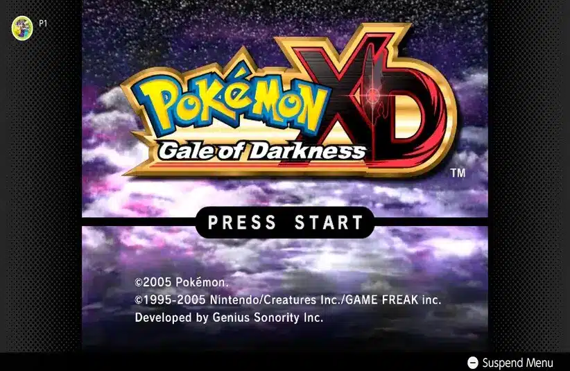 The main menu of Pokémon XD: Gale of Darkness, recently released on Nintendo Switch Online.