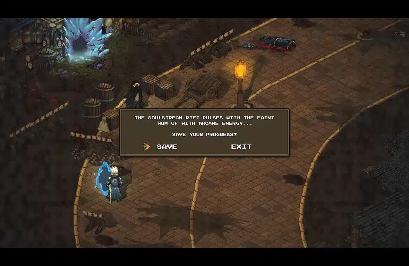Pixel art game scene with a character in a cape and shield, standing near an arcane rift. On-screen text offers a "save progress" option. Atmospheric, mystical setting. SoulStream Saga: Chapter 1 Prequel Demo