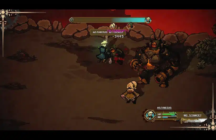 A pixel art game battle scene shows an armored knight facing a large, armored enemy and a robed character. Health bars and stats are displayed, conveying tension. SoulStream Saga: Chapter 1 Prequel Demo