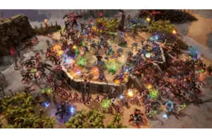 A vibrant battle scene from Stormgate shows futuristic soldiers in blue clashing with alien creatures in red. Set in a lush, tropical beach with vivid energy blasts.