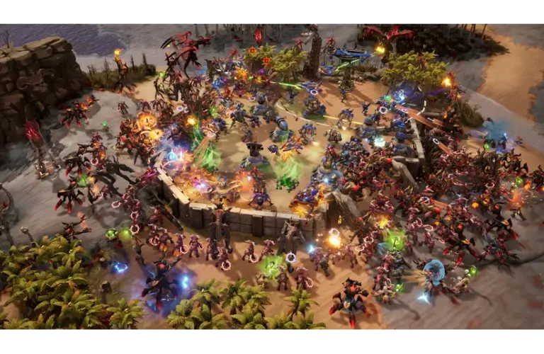 A vibrant battle scene from Stormgate shows futuristic soldiers in blue clashing with alien creatures in red. Set in a lush, tropical beach with vivid energy blasts.