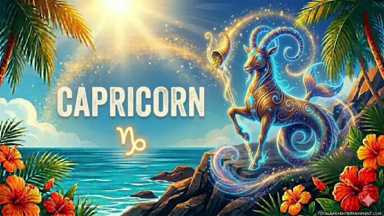 Image for the Capricorn sun sign with symbol and name, Capricorn on a cliff in front of the ocean in the sun
