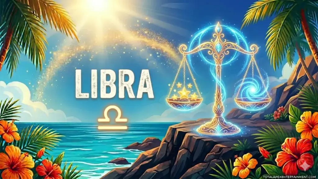 Image for the Libra sun sign with symbol and name, scales on a cliff in front of the ocean in the sun