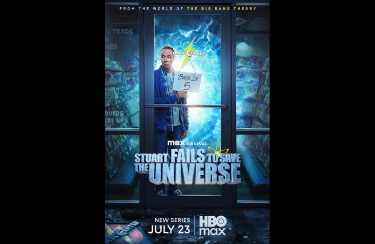 Poster for "Stuart Fails to Save the Universe," showing a man in a comic store doorway holding a "Back in 5" sign, with glowing, blue light effects.