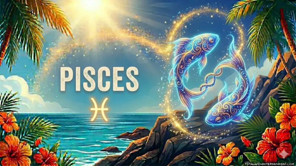 Image for the Pisces sun sign with symbol and name, two fish on a cliff in front of the ocean in the sun