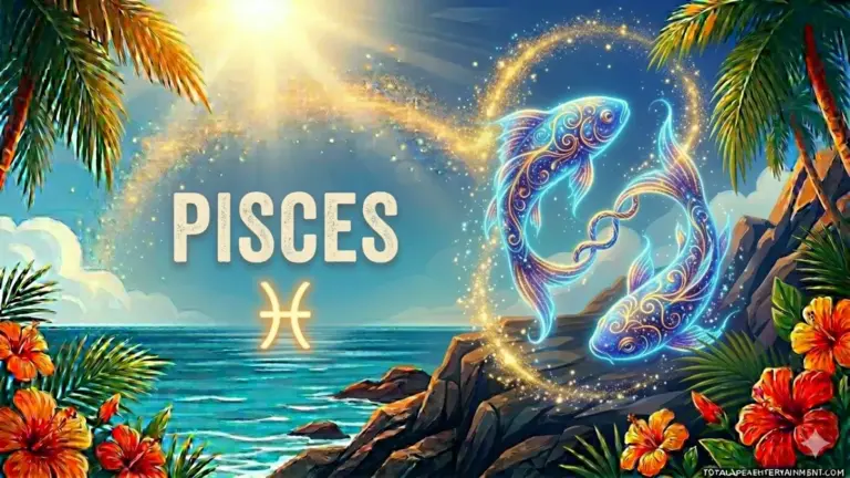 Image for the Pisces sun sign with symbol and name, two fish on a cliff in front of the ocean in the sun