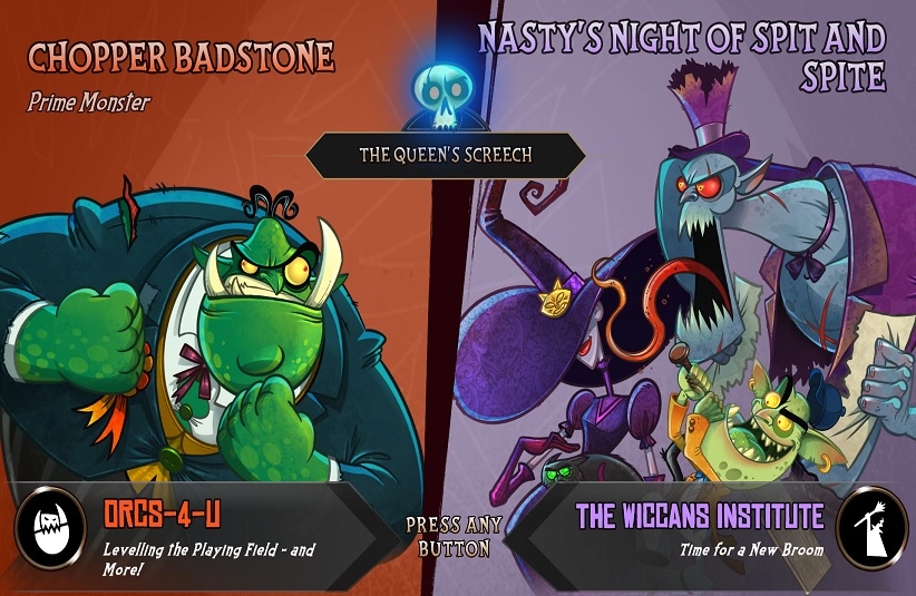 In-game screenshot of Prime Monster featuring Prime Monster Badstone of Orcs-4-U against triple-threat new party  with Witch Nasty Aster, Ghoul Rendville, and Goblin Wicket