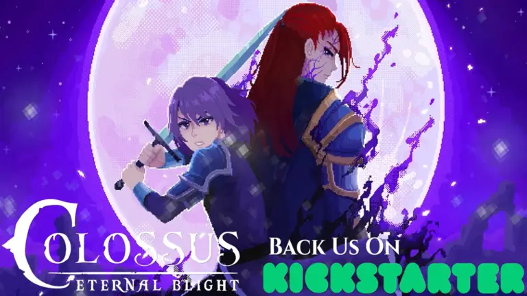Colossus - Eternal Blight with the text "Back us on Kickstarter!" against a starry purple background with a light purple moon, focus on a character with red hair in rich blue armor and a purple haired character also in blue armor.
