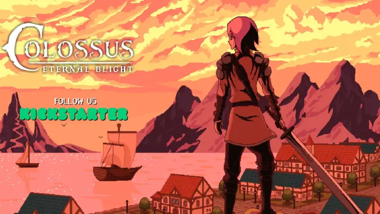 Pixel art of a demo game featuring a warrior with a large sword gazing over a seaside village at sunset. The sky is vibrant, and the text reads "Colossus: Eternal Blight."