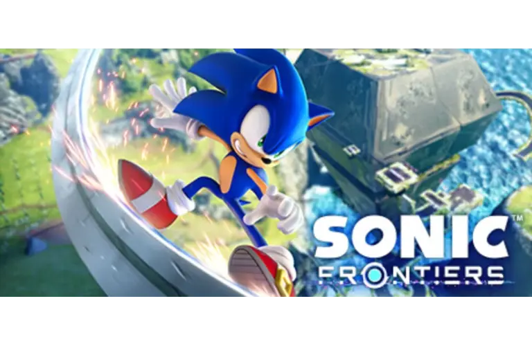 Sonic the Hedgehog rail-sliding while "Sonic Frontiers" is titled on the screen.