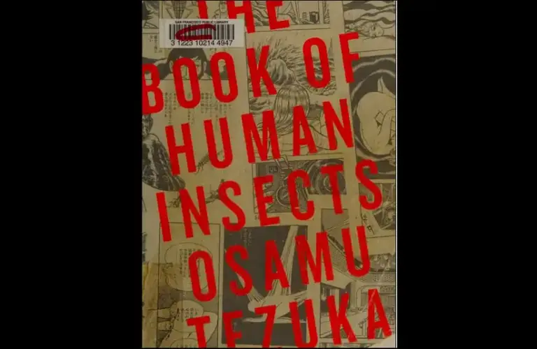 The book cover of "The Book of Human Insects" by Osamu Tezuka features bold red text over black-and-white manga illustrations, conveying an intriguing and complex tone.