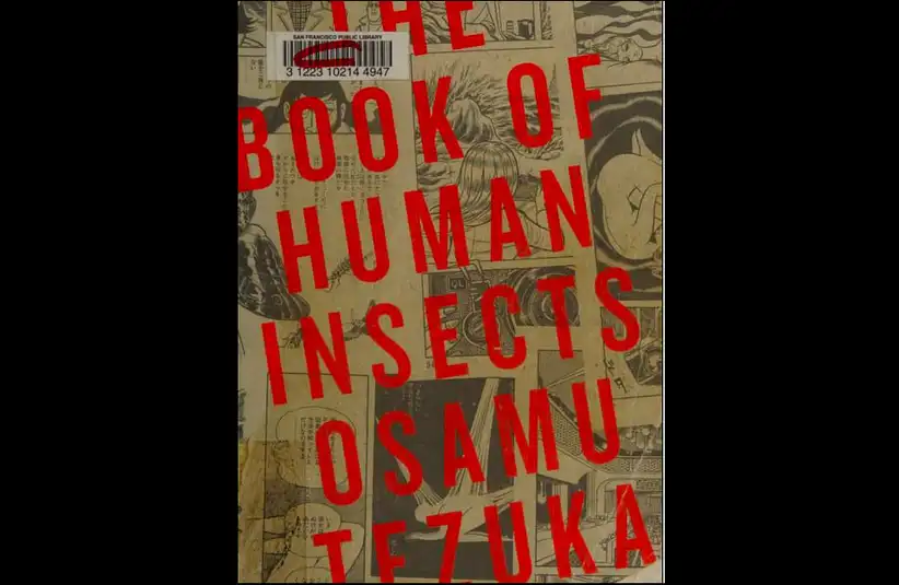 The book cover of "The Book of Human Insects" by Osamu Tezuka features bold red text over black-and-white manga illustrations, conveying an intriguing and complex tone.
