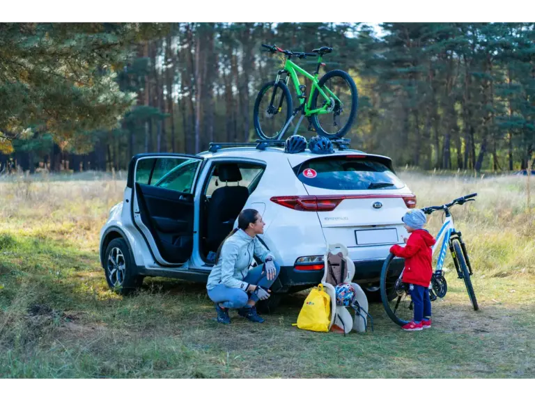Mother and child prepare for a cycling adventure in a scenic park, capturing the simple joy often found in road trips, which became popular after World War II, capitalizing was the Starlight Studebaker. 