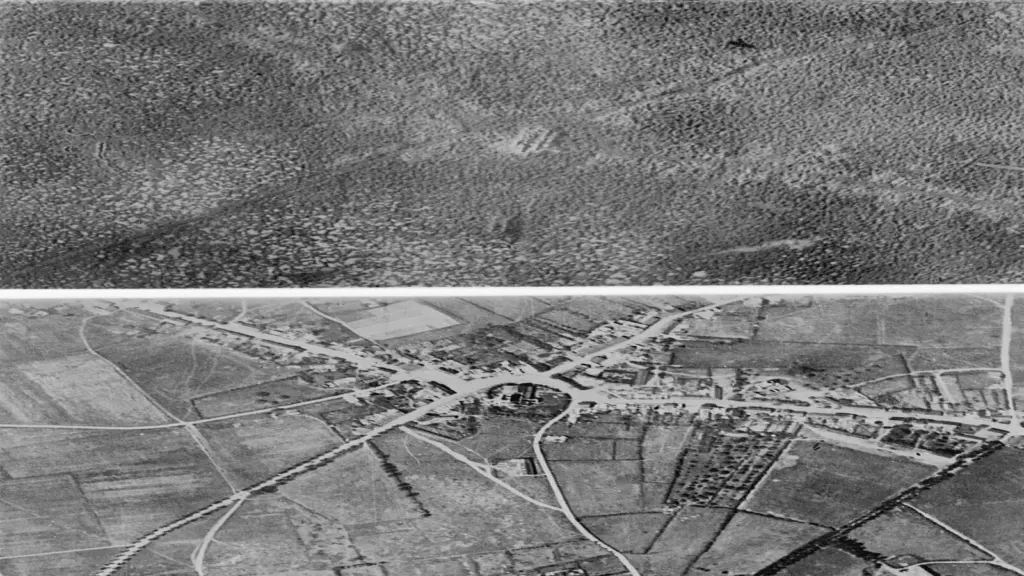 Aerial view of the village of Passchendaele (north is to the right of the photo) before and after the Third Battle of Ypres, 1917.