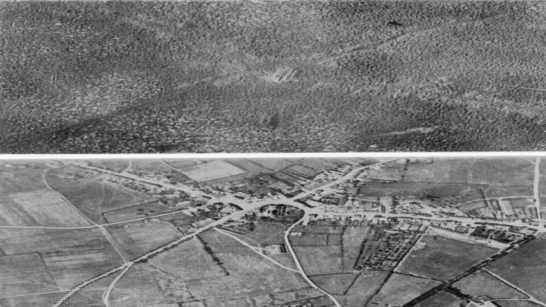 Aerial view of the village of Passchendaele (north is to the right of the photo) before and after the Third Battle of Ypres, 1917.