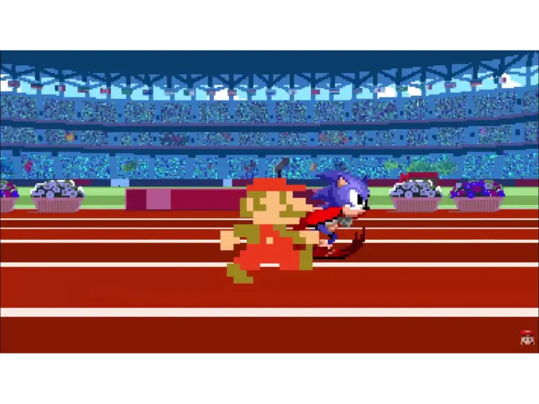 The 2D versions of Sonic and Mario having a race in track and field. 