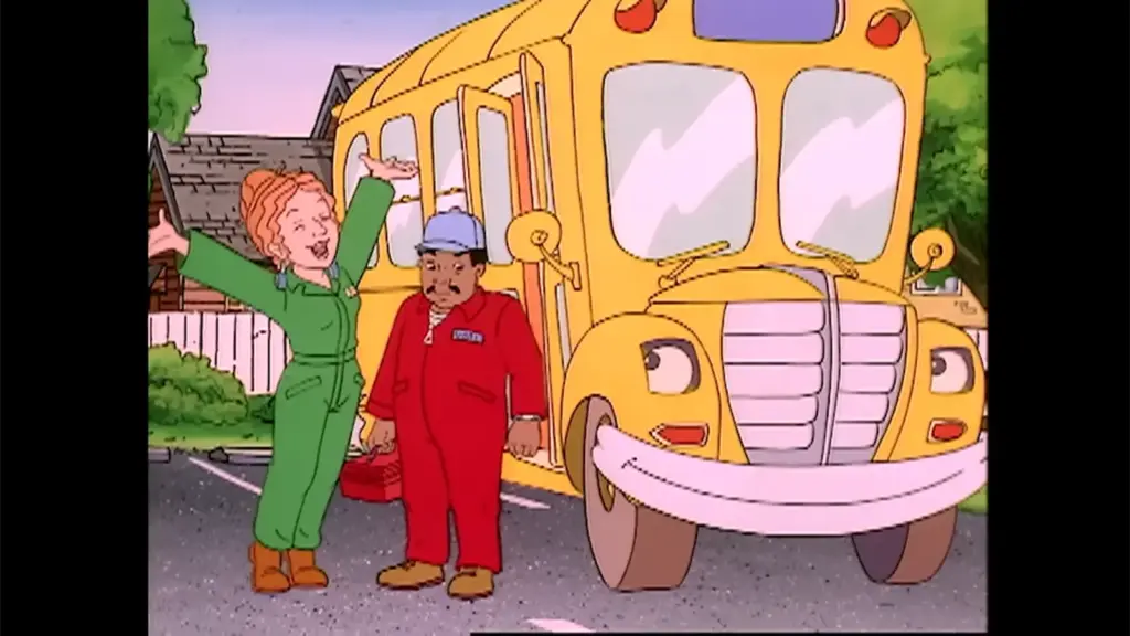 Ms Frizzle in The Magic School Bus talking to a man next to her iconic school bus.