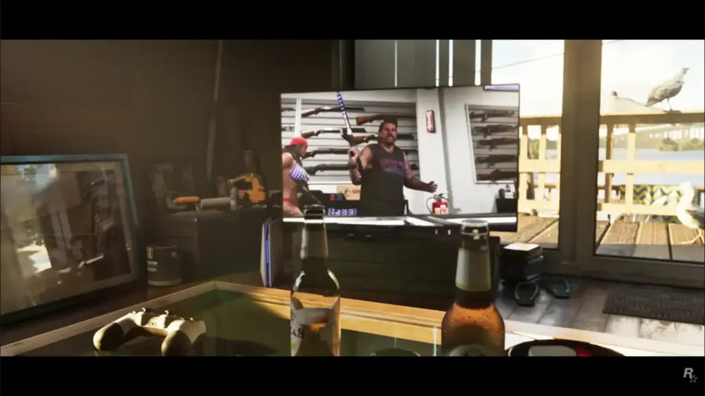 television showing a man with a gun, a game controller, and a beer bottle on a table in GTA 6.