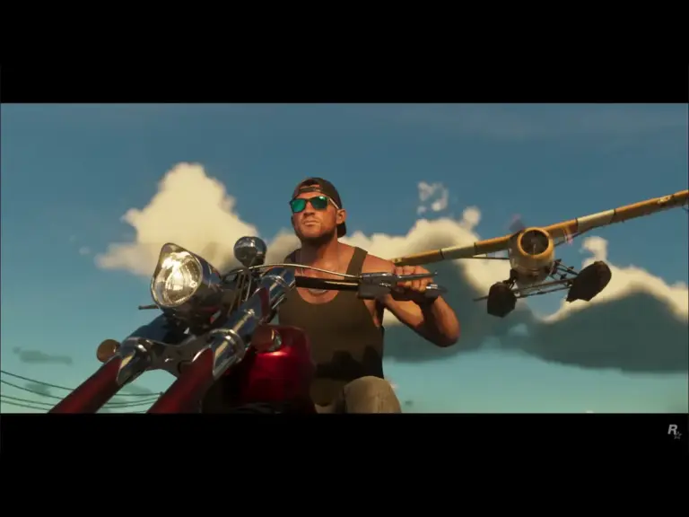 a man driving a motorcycle with a plane riding behind.