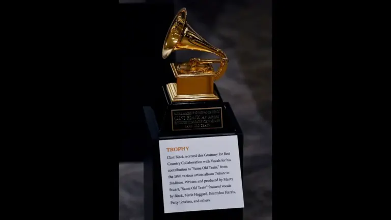 A Grammy award gramophone statuette on display in a museum exhibit, the trophy the new Grammy Asian pop category will hand out in 2027