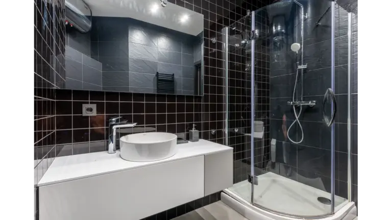 Bathroom tiles elevate this stylish bathroom with black tile walls, a glass shower, and sleek modern fixtures