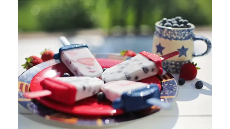 Colorful berry patriotic bars on a plate, perfect for a summer day.