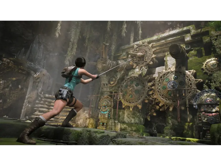 Lara Croft from Tomb Raider aiming a gun. 