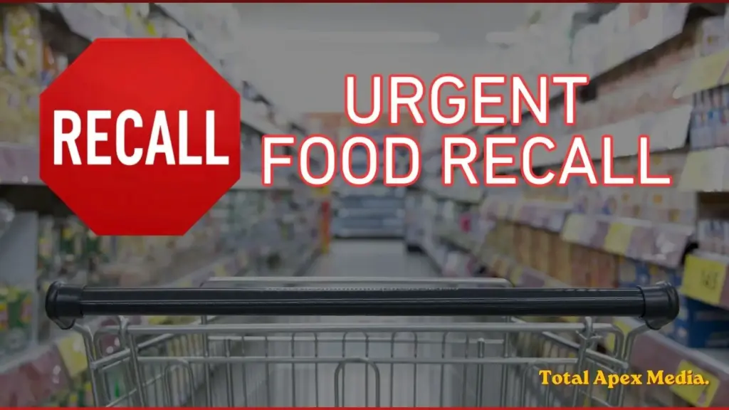 Background of a supermarket or grocery store with a shopping cart handle in the foreground. It says "Urgent Food Recall"