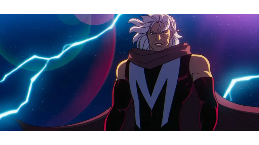 Marvel's X-Men '97's Magneto, with long white hair, wearing a dark cape and a distinctive emblem on his chest, set against a backdrop of lightning and a cosmic scene. Adam Driver might play him.