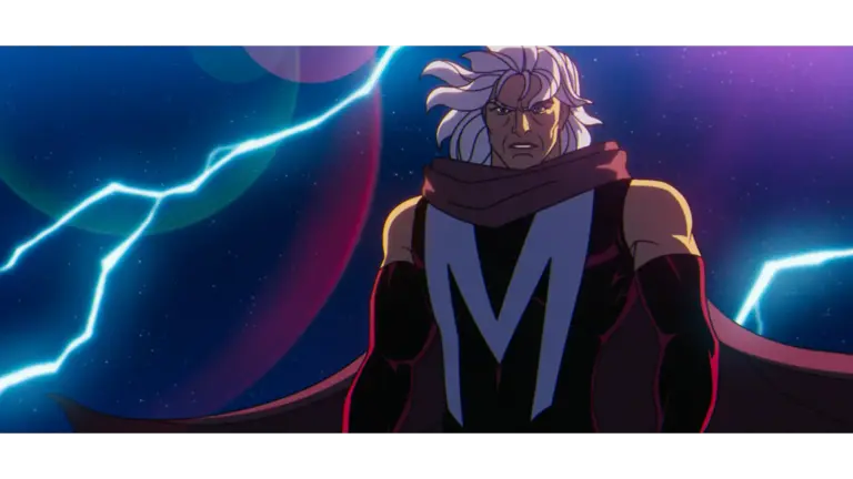 Marvel's X-Men '97's Magneto, with long white hair, wearing a dark cape and a distinctive emblem on his chest, set against a backdrop of lightning and a cosmic scene. Adam Driver might play him.
