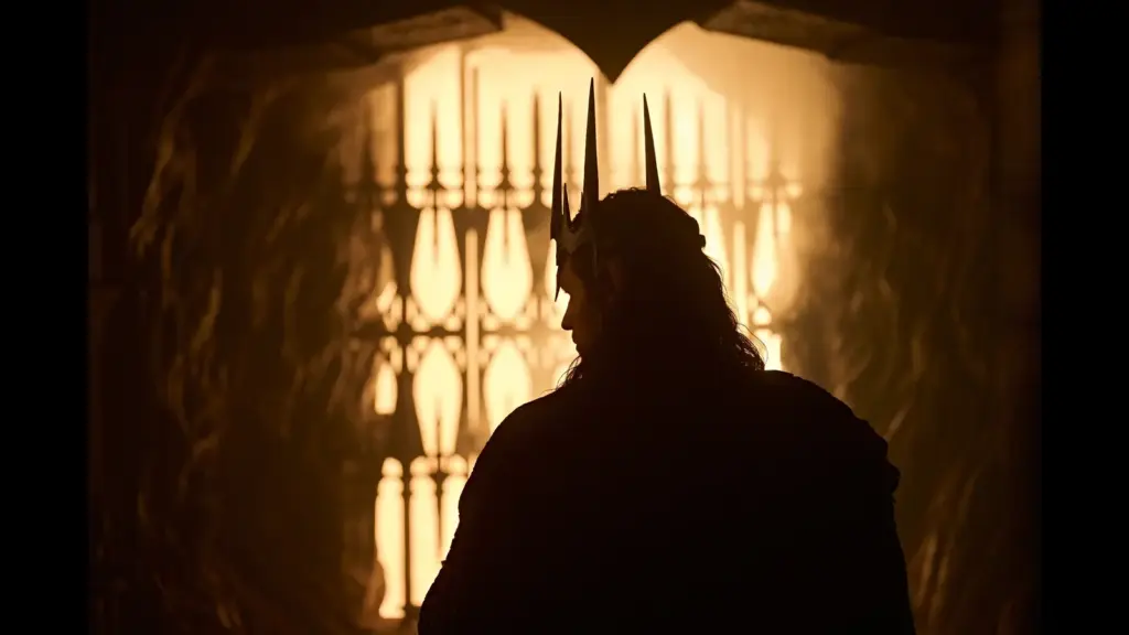 Charlie Vickers in The Lord of the Rings: The Rings of Power (2022), standing in front of a lit, ornate background.