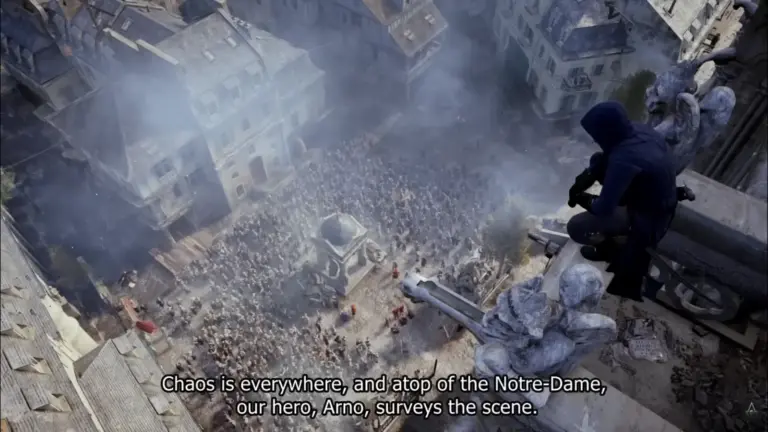 A person in Ubisoft's Assassin's Creed Unity all black clothing over looking numerous people from a perch of a building.