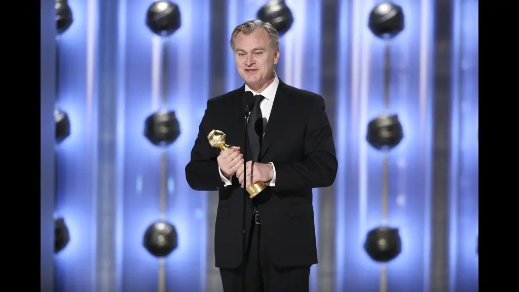 Jan 7, 2024; Beverly Hills, CA, USA; Christopher Nolan accepting the award for best director for \"Oppenheimer\" during the 81st Annual Golden Globe Awards in Beverly Hills, Calif., on Sunday, Jan. 7, 2024. Mandatory Credit: Sonja Flemming/Pool via USA TODAY NETWORK