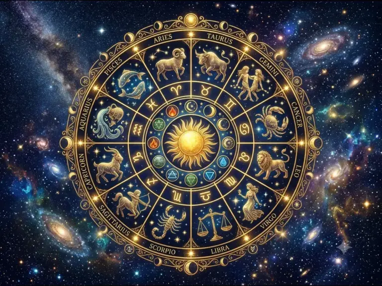 A celestial zodiac wheel showing all 12 signs, illustrating October 2026 astrology