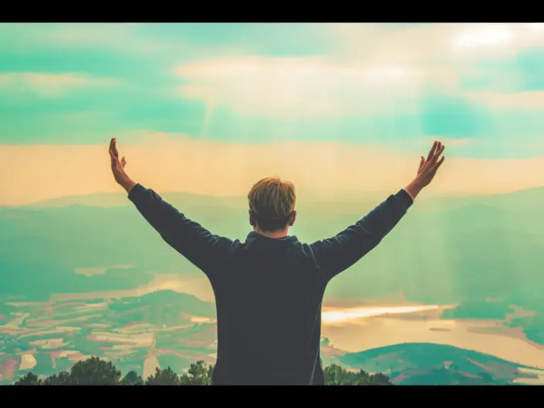 In daily devotional, a man is seen with arms lifted in praise  to God surrounded by nature. 
